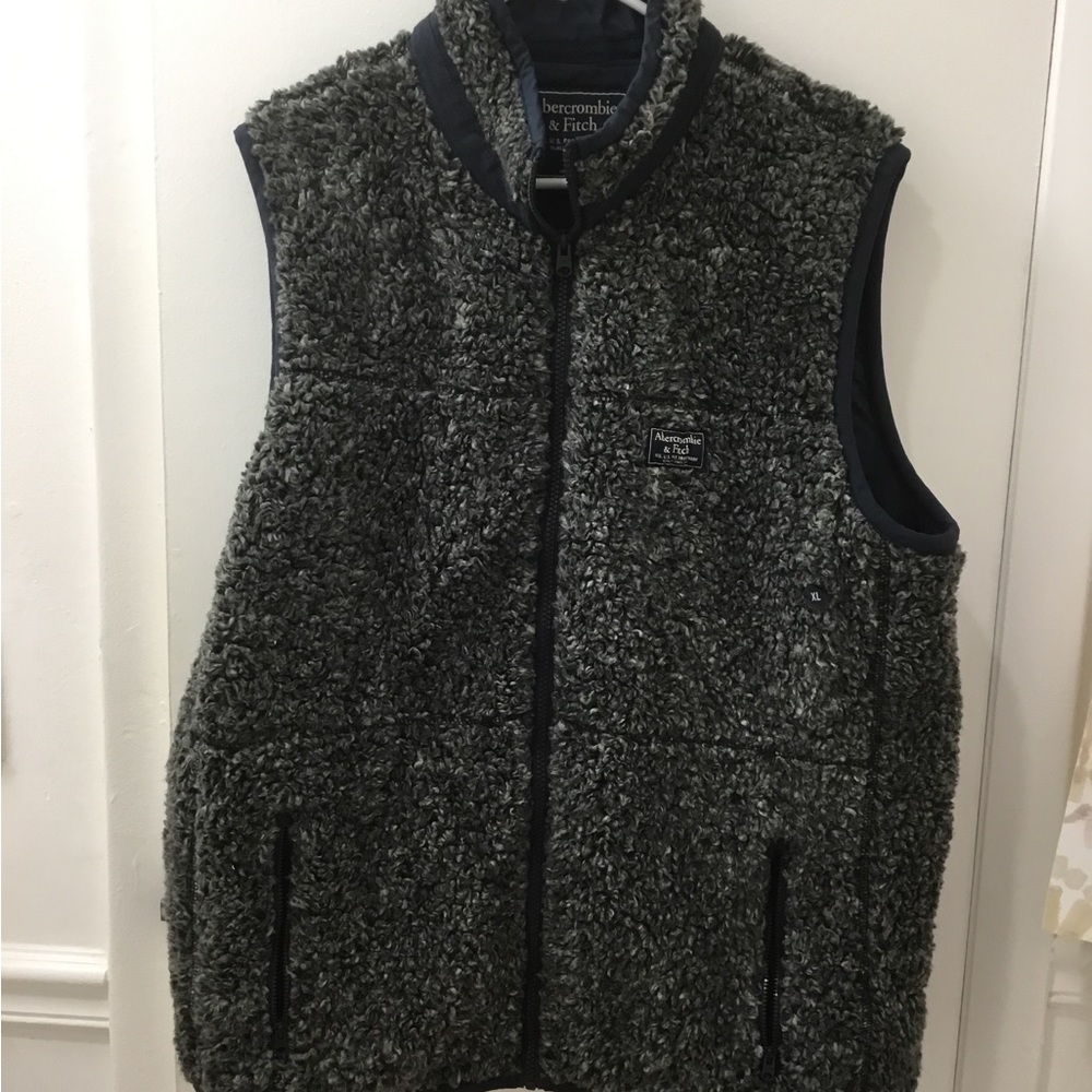 Abercrombie Fitch Men’s Sherpa Vest Sz XL Navy Blue Gray Full Zip Pockets Preppy